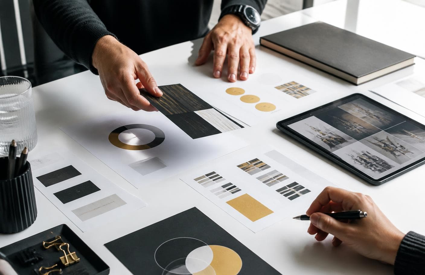 Mesa de trabajo con materiales de estrategia de marca