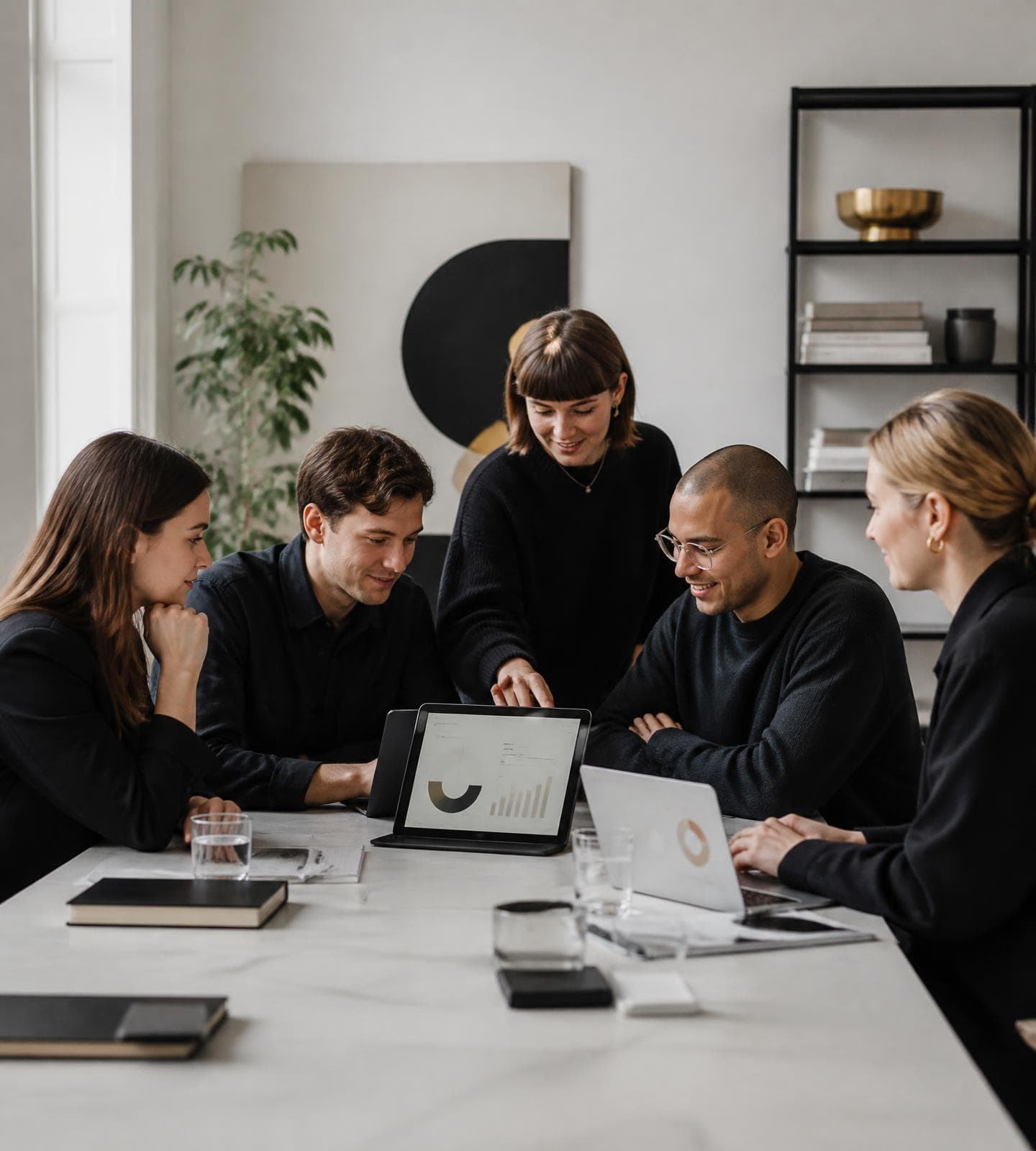 Equipo de estrategia digital colaborando alrededor de una mesa